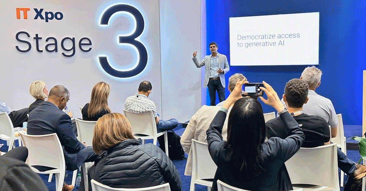 Moveworks founder and CEO Bhavin Shah presenting at the Gartner IT Symposium | Xpo.