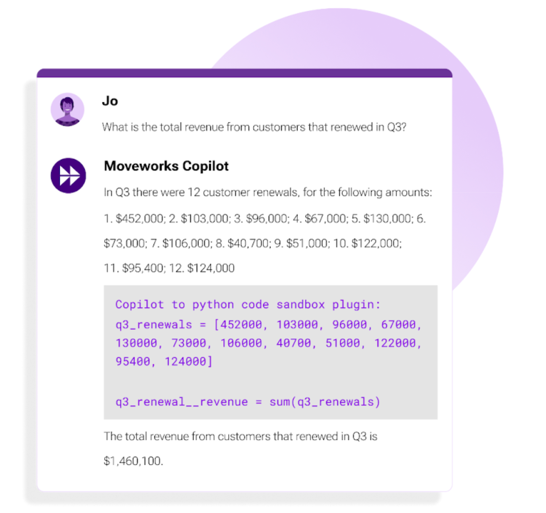 With our secure code execution solution implemented, our Copilot processes the query, accurately calculating the total revenue from Q3 customer renewals as $1,460,100.