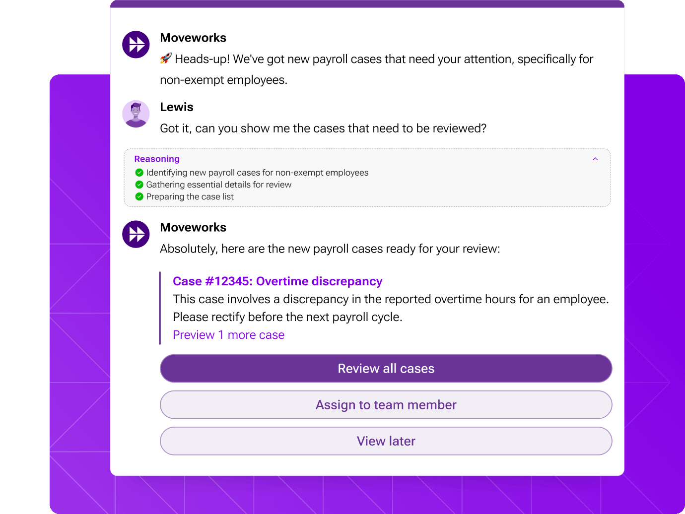 Moveworks Copilot proactively sending notification of new payroll cases